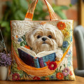 Ručně vyrobená taška – Shih-tzu s knihami a květinami