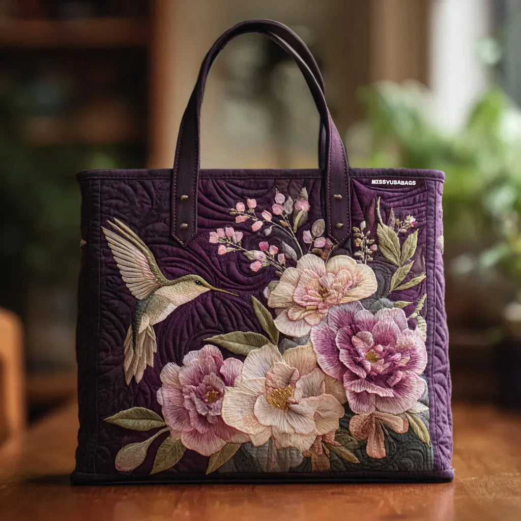 Ručně vyrobená prošívaná taška – Kolibřík a orchideje